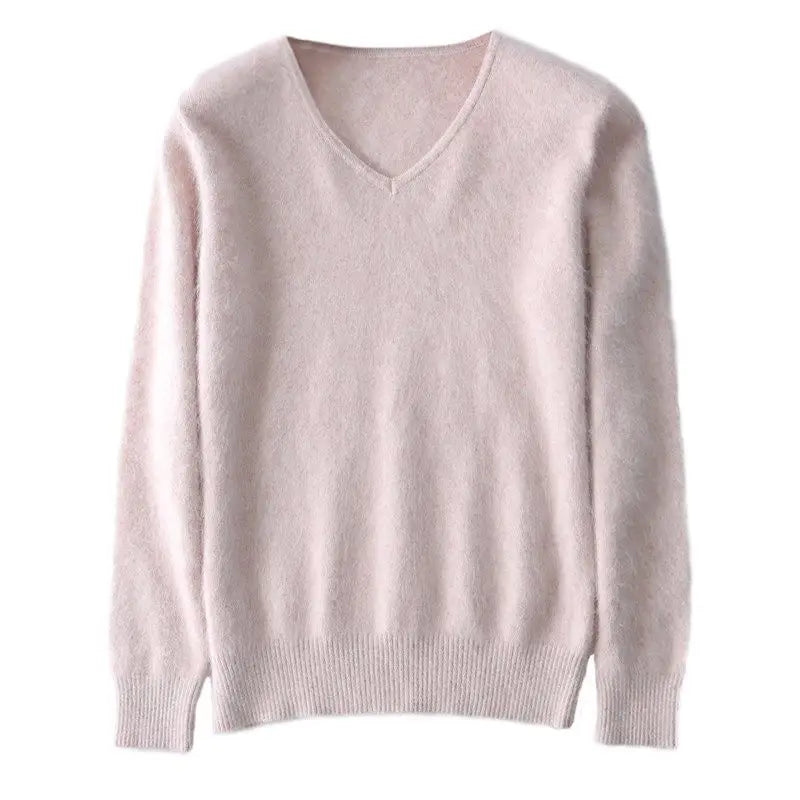Super Warm Fluffy Mink Cashmere Soft Fur V-neck Sweaters and Pullovers for Women Autumn Winter Jumper Female Brand Jumper