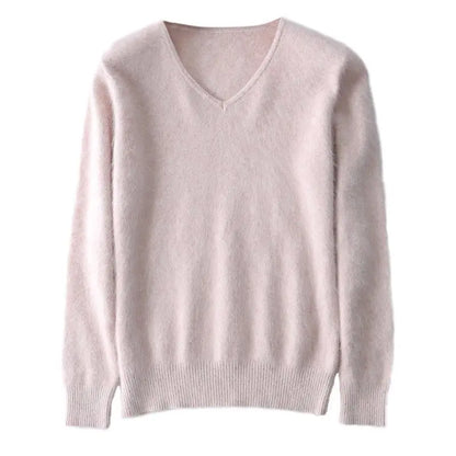 Super Warm Fluffy Mink Cashmere Soft Fur V-neck Sweaters and Pullovers for Women Autumn Winter Jumper Female Brand Jumper