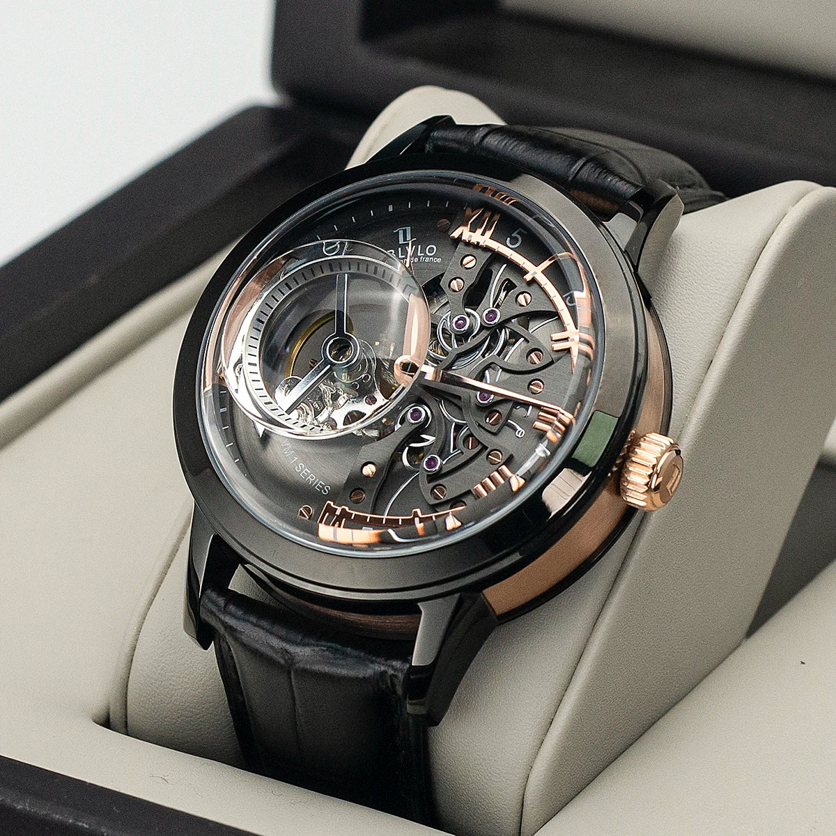 OBLVLO Luxury Retro Casual Men Skeleton Automatic Watches Mechanical Calfskin Strap Mineral Crystal Glass Waterproof Dial 45 VM