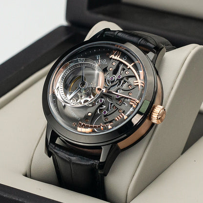 OBLVLO Luxury Retro Casual Men Skeleton Automatic Watches Mechanical Calfskin Strap Mineral Crystal Glass Waterproof Dial 45 VM