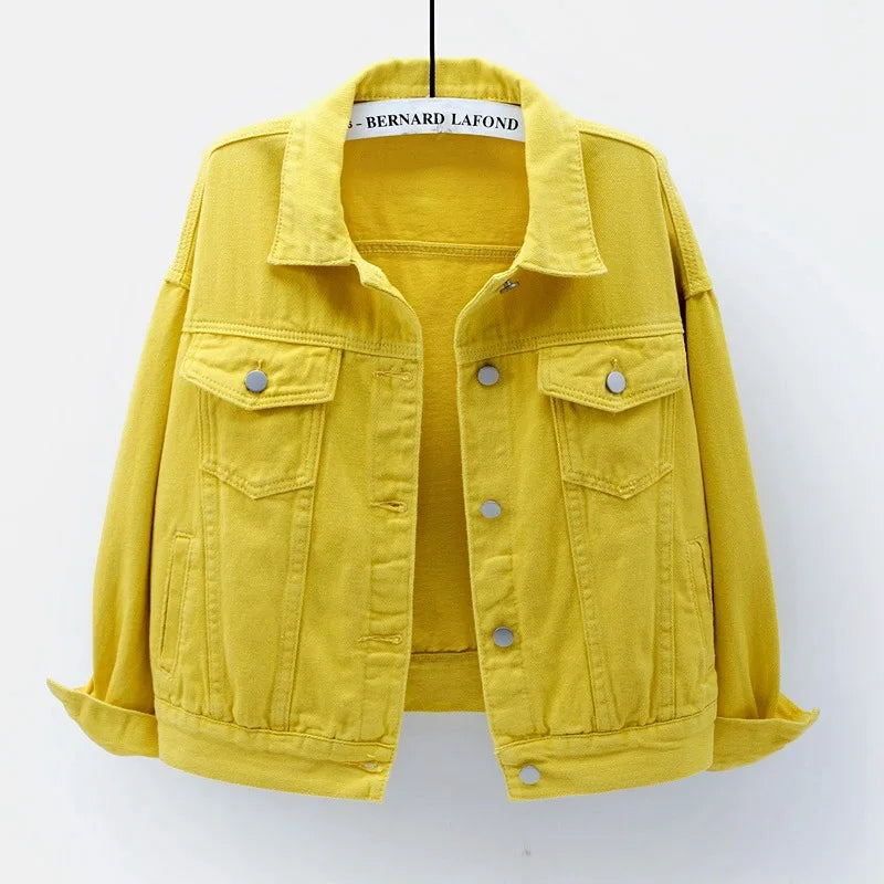 Solid Short Women's Denim Coat Spring Autumn Female Loose Jeans Jacket Purple Student Casual Outwear White Pink Yellow Red Black