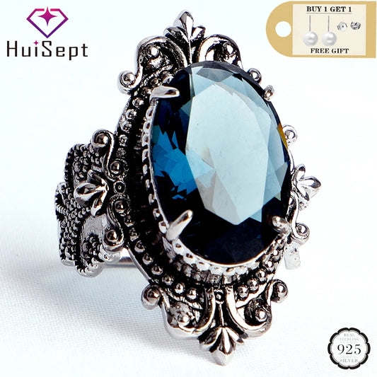 HuiSept Vintage 925 Silver Ring Jewellery Big Oval Shaped Sapphire Gemstones Rings for Male Female Wedding Party Gifts Wholesale