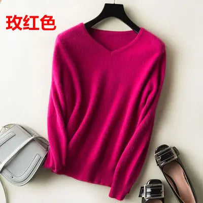Super Warm Fluffy Mink Cashmere Soft Fur V-neck Sweaters and Pullovers for Women Autumn Winter Jumper Female Brand Jumper