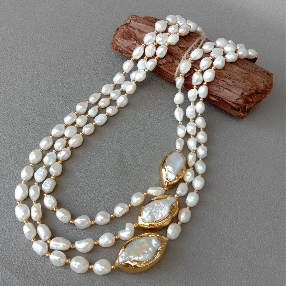 Y·YING 20' 3 Rows Cultured Baroque Pearl Necklace Keshi Pearl Gold Color Plated Connector Chokers Luxury Wedding for Women