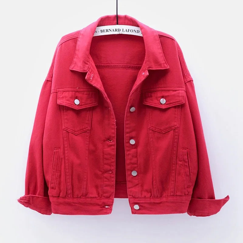 Solid Short Women's Denim Coat Spring Autumn Female Loose Jeans Jacket Purple Student Casual Outwear White Pink Yellow Red Black