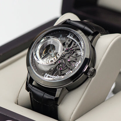 OBLVLO Luxury Retro Casual Men Skeleton Automatic Watches Mechanical Calfskin Strap Mineral Crystal Glass Waterproof Dial 45 VM