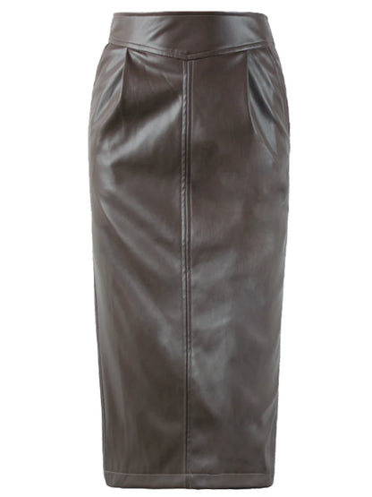 Nerazzurri Spring Midi Pu Leather Skirt Women Brown White Black Long High Waisted Pencil Skirts for Women 2023 Side Slit Zipper