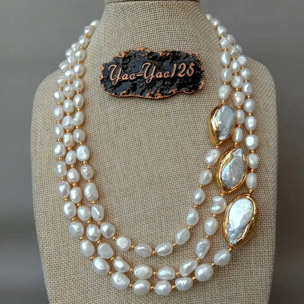 Y·YING 20' 3 Rows Cultured Baroque Pearl Necklace Keshi Pearl Gold Color Plated Connector Chokers Luxury Wedding for Women