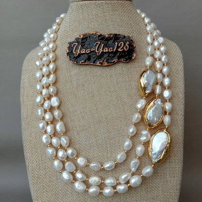 Y·YING 20' 3 Rows Cultured Baroque Pearl Necklace Keshi Pearl Gold Color Plated Connector Chokers Luxury Wedding for Women