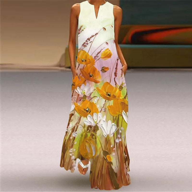Sexy V-neck Sleeveless Dress For Women Summer Fashion Sundress Retro Print Long Dresses With Pocket Maxi Dress Femme Vestidos