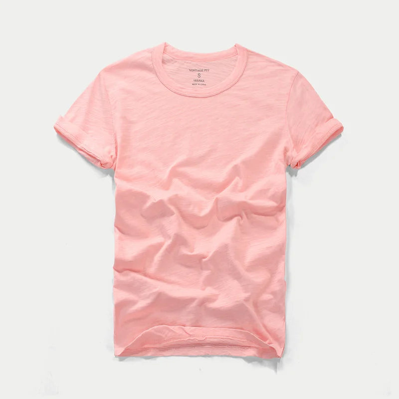 Summer Men's Short Sleeve T-shirt Round Neck Slim Fit Pure Cotton Tees Slubby Cotton Solid Color Soft Thin Tops Tshirts