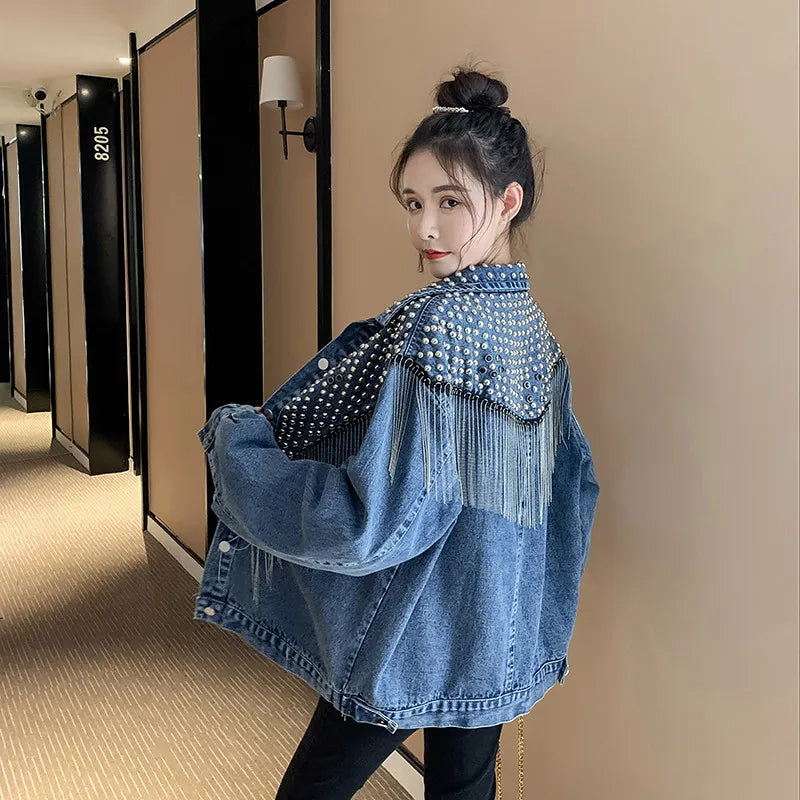 2025 Autumn New Denim Jacket Women Overcoat Streetwear Hand-studded Rivet Tassel Jeans Jacket Loose Black Coats Outerwear P725