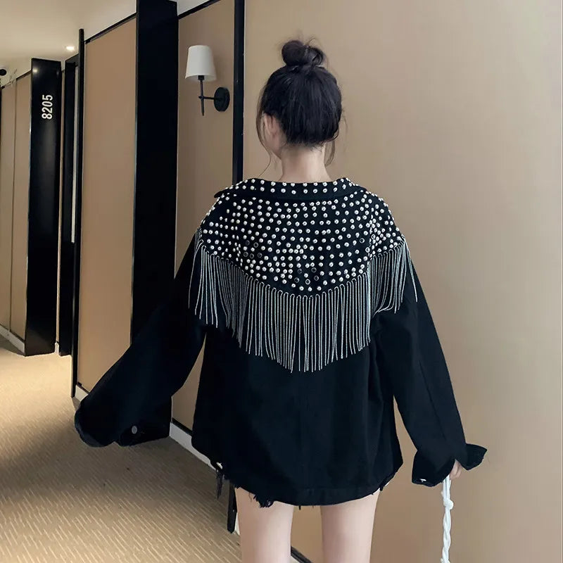 2025 Autumn New Denim Jacket Women Overcoat Streetwear Hand-studded Rivet Tassel Jeans Jacket Loose Black Coats Outerwear P725
