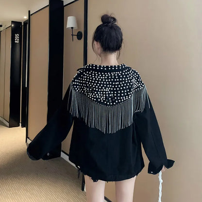 2025 Autumn New Denim Jacket Women Overcoat Streetwear Hand-studded Rivet Tassel Jeans Jacket Loose Black Coats Outerwear P725