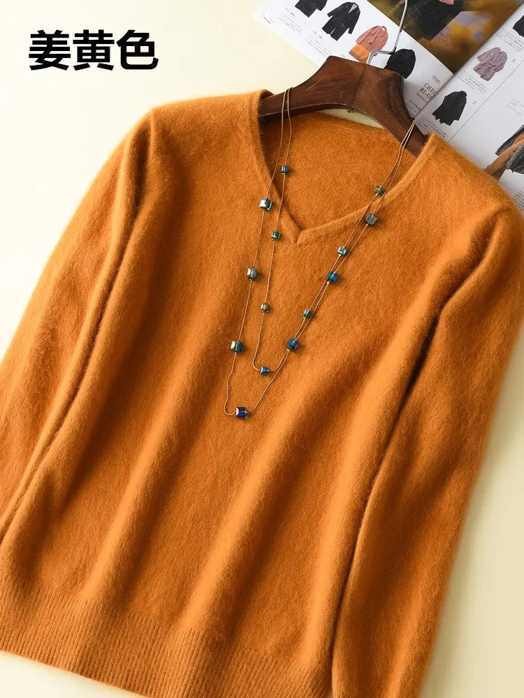 Super Warm Fluffy Mink Cashmere Soft Fur V-neck Sweaters and Pullovers for Women Autumn Winter Jumper Female Brand Jumper