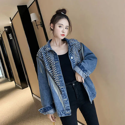 2025 Autumn New Denim Jacket Women Overcoat Streetwear Hand-studded Rivet Tassel Jeans Jacket Loose Black Coats Outerwear P725