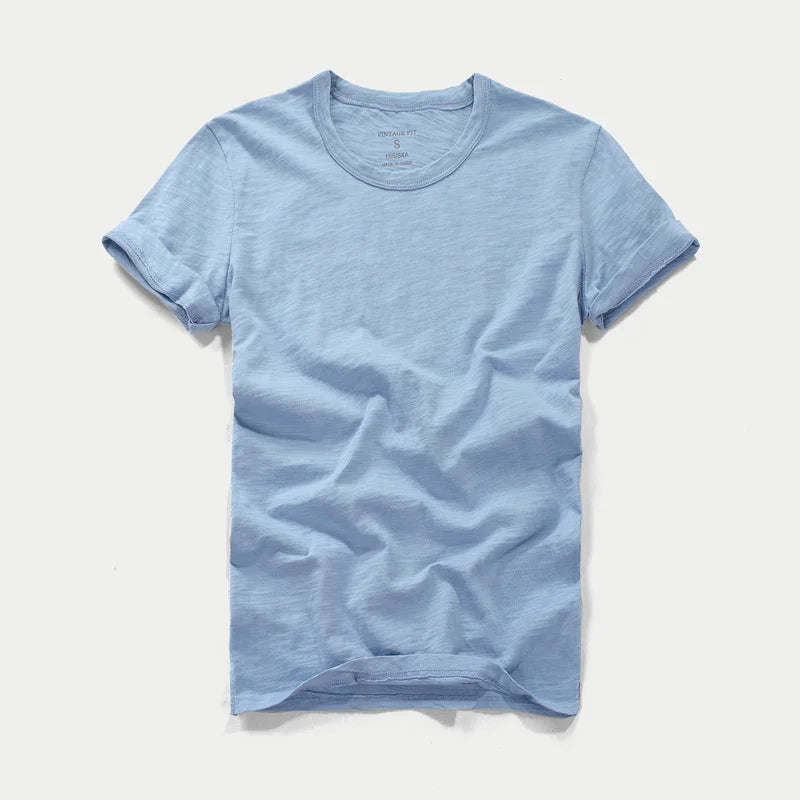 Summer Men's Short Sleeve T-shirt Round Neck Slim Fit Pure Cotton Tees Slubby Cotton Solid Color Soft Thin Tops Tshirts
