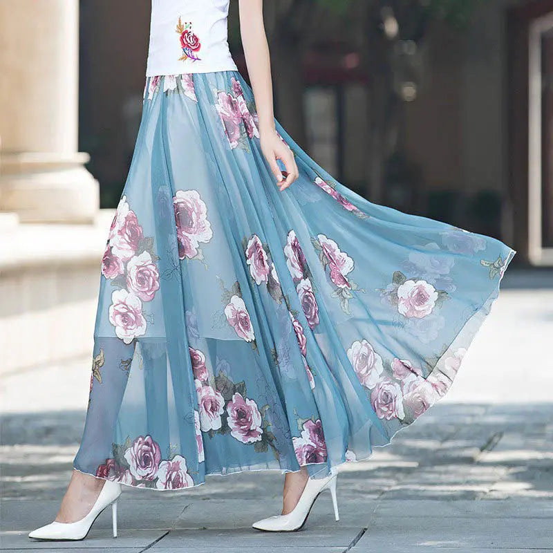 High Waist Skirts Womens Summer 2026 spring Elastic Waist Midi Full Long Skirt Print Mother Dance Skirts Swing Chiffon Skirt