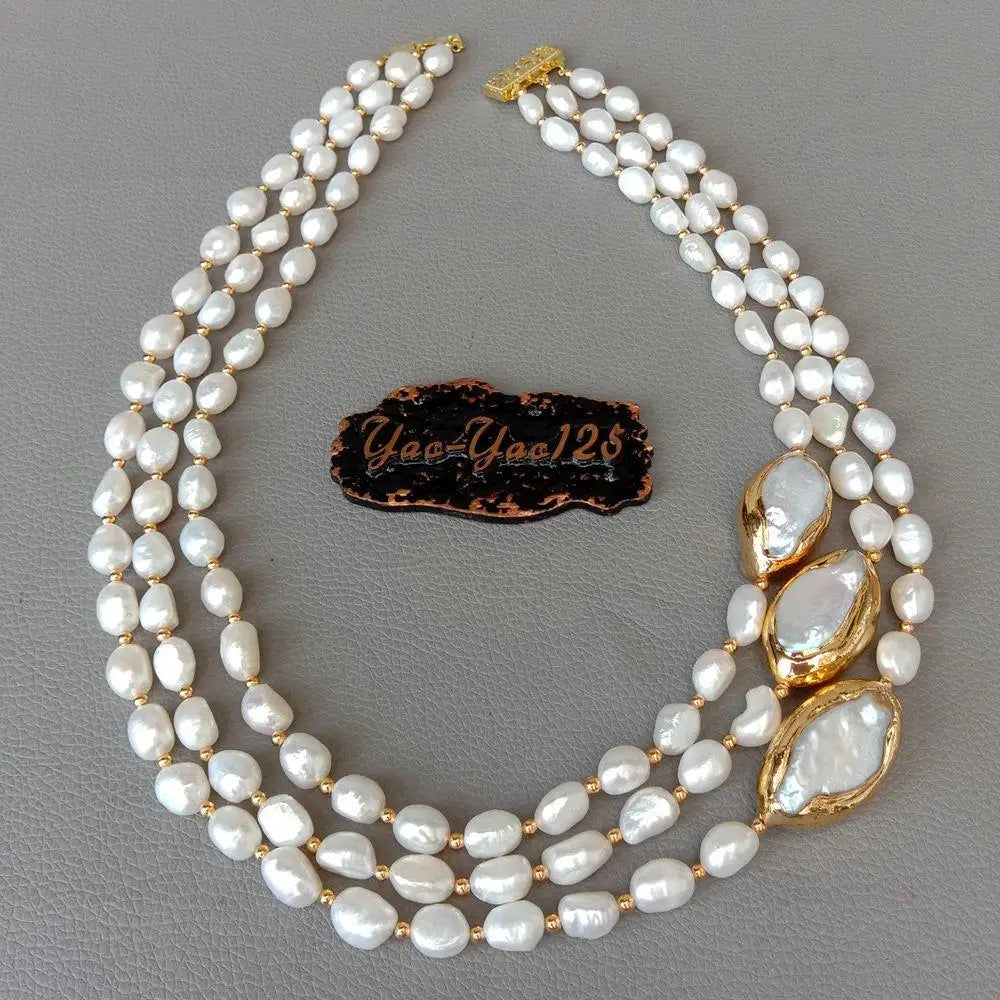 Y·YING 20' 3 Rows Cultured Baroque Pearl Necklace Keshi Pearl Gold Color Plated Connector Chokers Luxury Wedding for Women