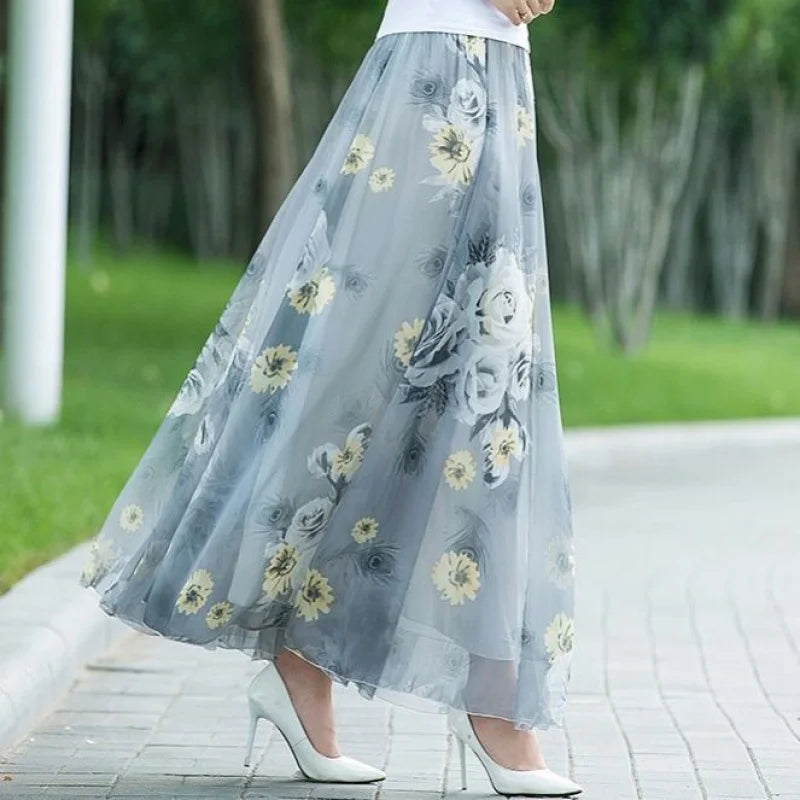 High Waist Skirts Womens Summer 2026 spring Elastic Waist Midi Full Long Skirt Print Mother Dance Skirts Swing Chiffon Skirt