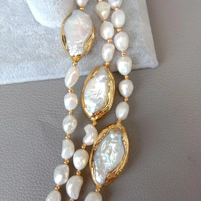 Y·YING 20' 3 Rows Cultured Baroque Pearl Necklace Keshi Pearl Gold Color Plated Connector Chokers Luxury Wedding for Women