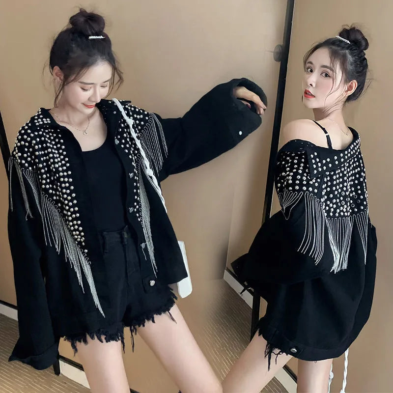 2025 Autumn New Denim Jacket Women Overcoat Streetwear Hand-studded Rivet Tassel Jeans Jacket Loose Black Coats Outerwear P725