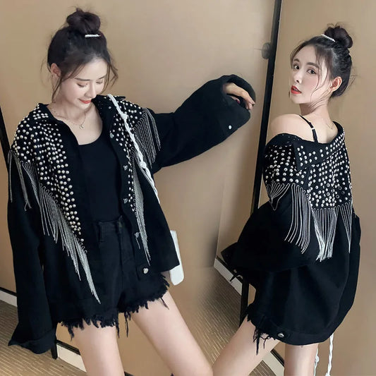2025 Autumn New Denim Jacket Women Overcoat Streetwear Hand-studded Rivet Tassel Jeans Jacket Loose Black Coats Outerwear P725