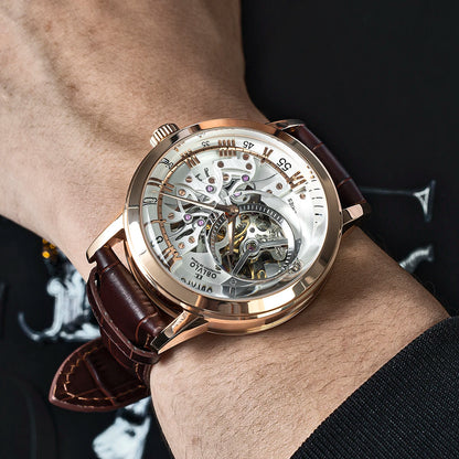 OBLVLO Luxury Retro Casual Men Skeleton Automatic Watches Mechanical Calfskin Strap Mineral Crystal Glass Waterproof Dial 45 VM