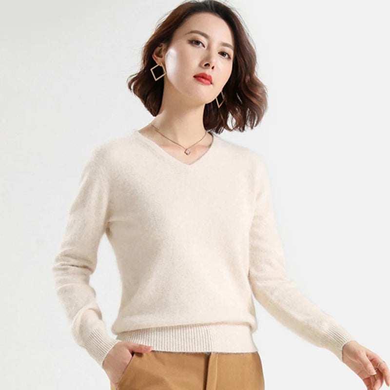 Super Warm Fluffy Mink Cashmere Soft Fur V-neck Sweaters and Pullovers for Women Autumn Winter Jumper Female Brand Jumper