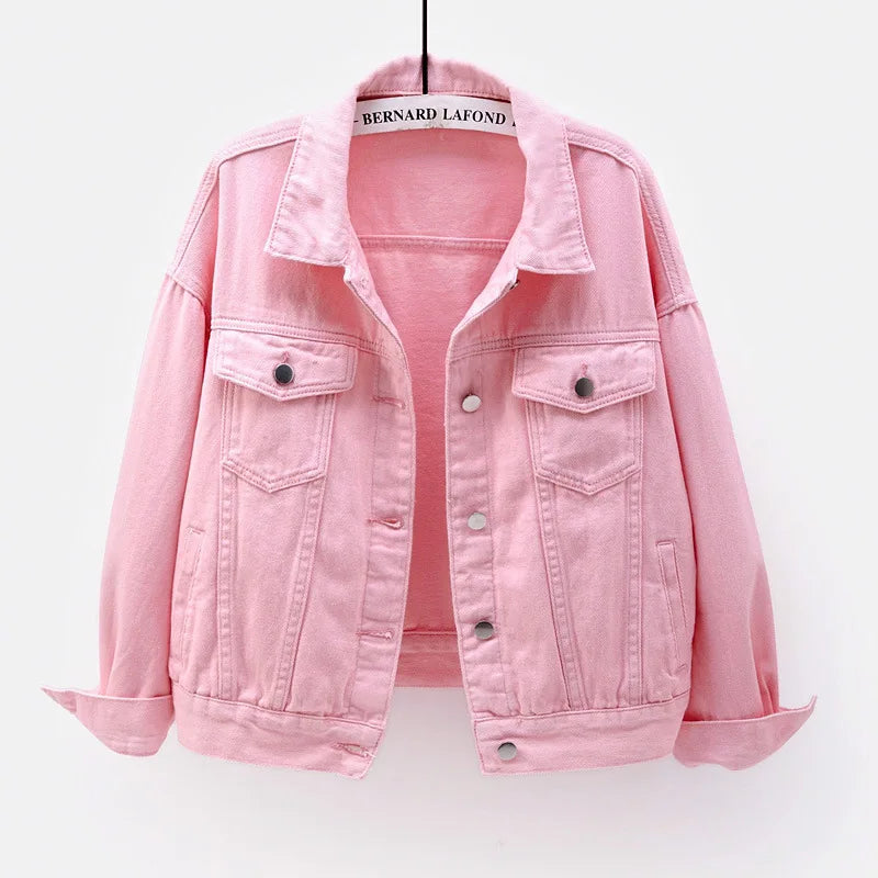 Solid Short Women's Denim Coat Spring Autumn Female Loose Jeans Jacket Purple Student Casual Outwear White Pink Yellow Red Black