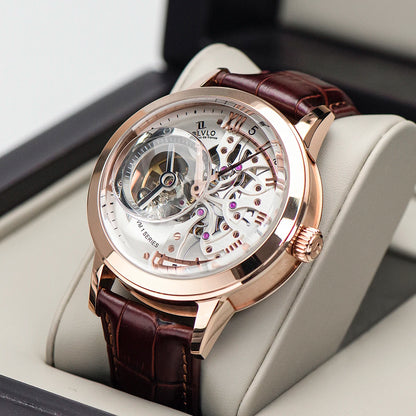 OBLVLO Luxury Retro Casual Men Skeleton Automatic Watches Mechanical Calfskin Strap Mineral Crystal Glass Waterproof Dial 45 VM