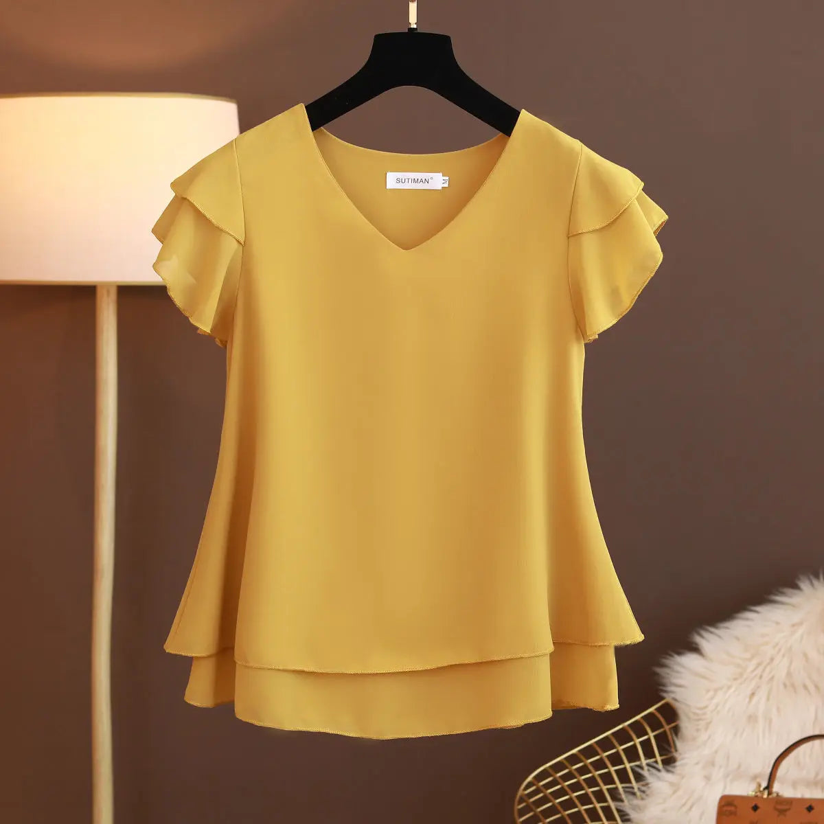 2026 New Summer Women Blouse Loose V-Neck Chiffon Shirt Female Short Sleeve Blouse Oversized Shirts womens tops and blouses Top
