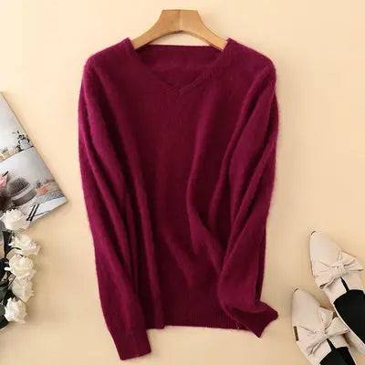 Super Warm Fluffy Mink Cashmere Soft Fur V-neck Sweaters and Pullovers for Women Autumn Winter Jumper Female Brand Jumper