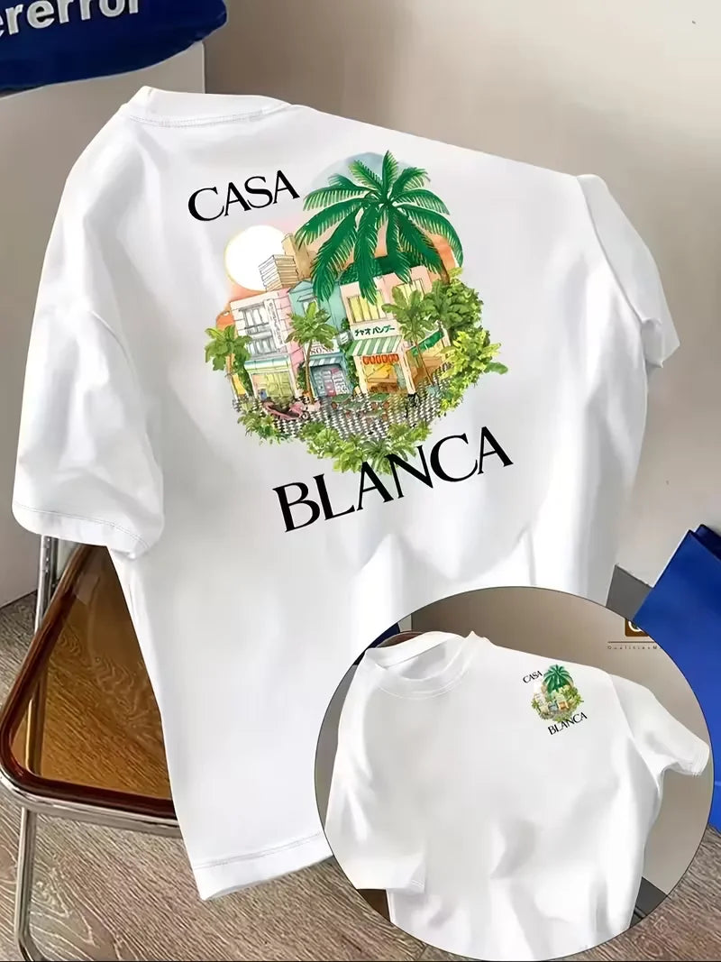 Casablanca Aesthetic Y2K Architectural Graphic Unisex Casual Round Neck Short Sleeve Summer Neutral Streetwear T Shirt