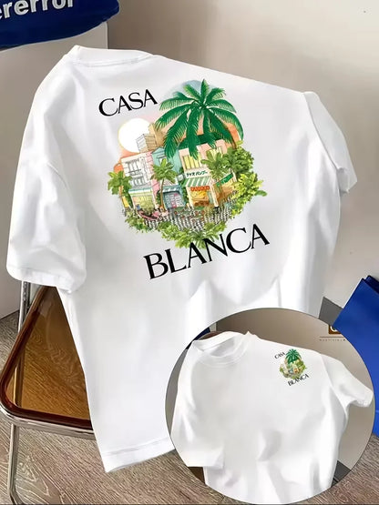 Casablanca Aesthetic Y2K Architectural Graphic Unisex Casual Round Neck Short Sleeve Summer Neutral Streetwear T Shirt