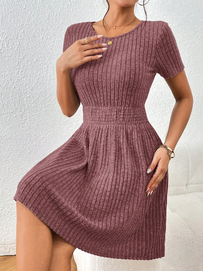 Fashionable Casual Solid Color Ribbed Waist Knitted A-Line Dress New Arrival Comfortable Elegant Women's Clothing