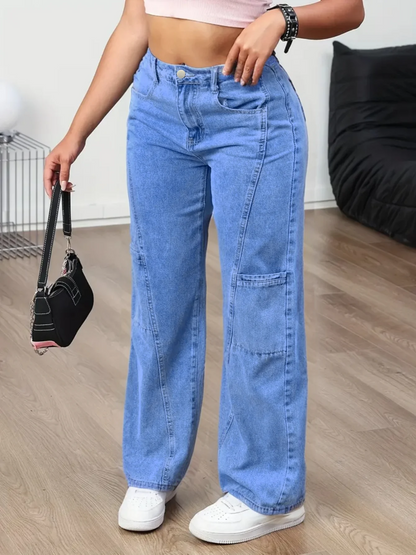 Women's Wide-Leg Casual Trousers Denim Stretch Multi-Pocket Long Pants Comfortable Fit Denim Jeans
