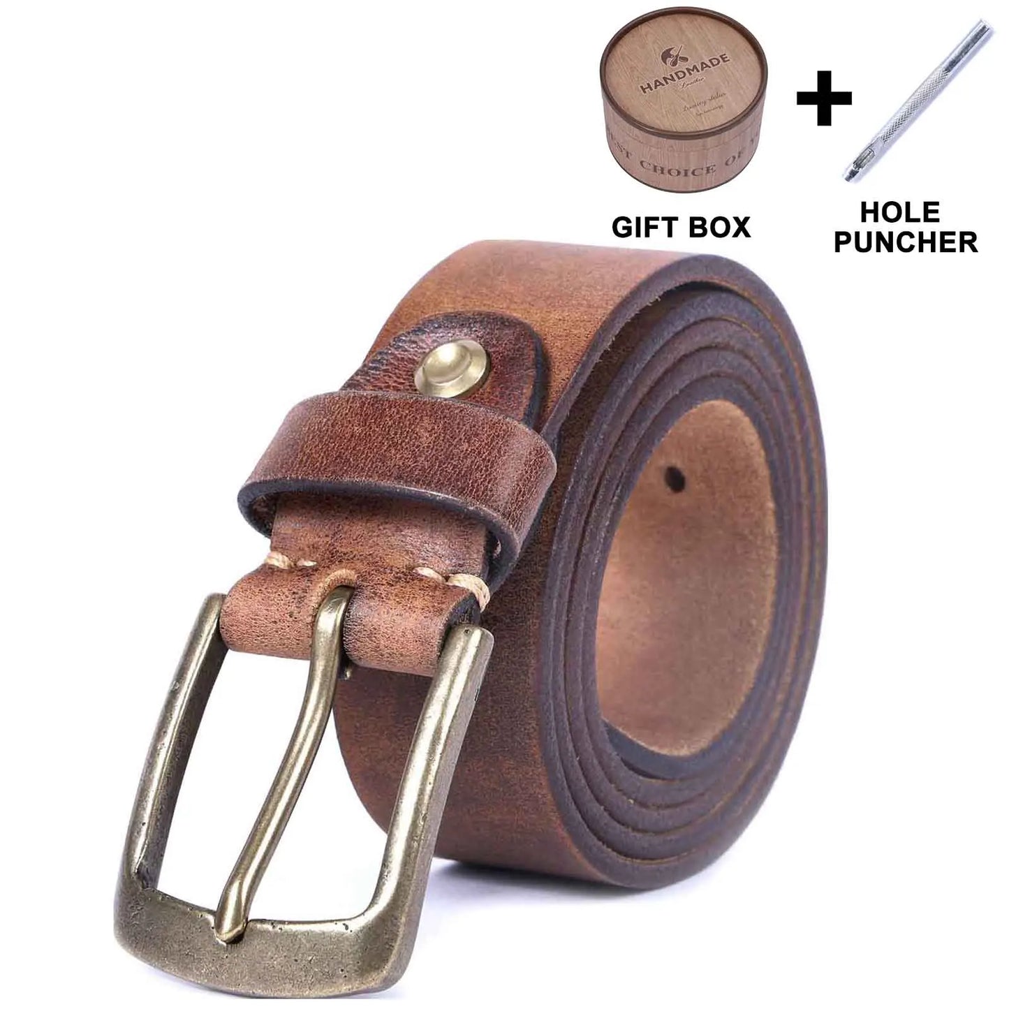Vintage Genuine Leather Men's Belt With Solid Brass Buckle, Casual Pin Buckle Belt With Gift Box, Thickened Italian Cowhide