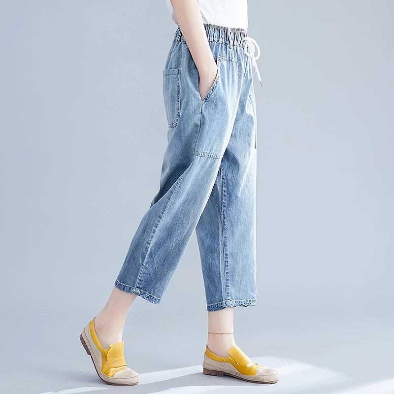 plus Size Women's Denim Jeans Seven-Foot Casual Thin Waed Harlan Wide Leg Pants Elastic Waist Versatile Summer Thin