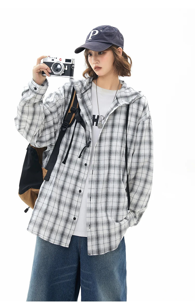 Unisex Oversized Hooded Flannel Style Plaid Mens Shirt Jacket Long Sleeve Button Down Casual Lightweight Jacket for Spring Fall