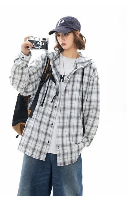 Unisex Oversized Hooded Flannel Style Plaid Mens Shirt Jacket Long Sleeve Button Down Casual Lightweight Jacket for Spring Fall
