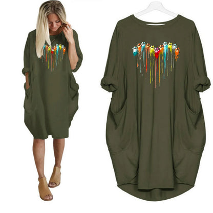 Women's Spring and Summer Footprint Heart Printed Casual Fashion Loose Large Size Long Sleeve Pocket Dress