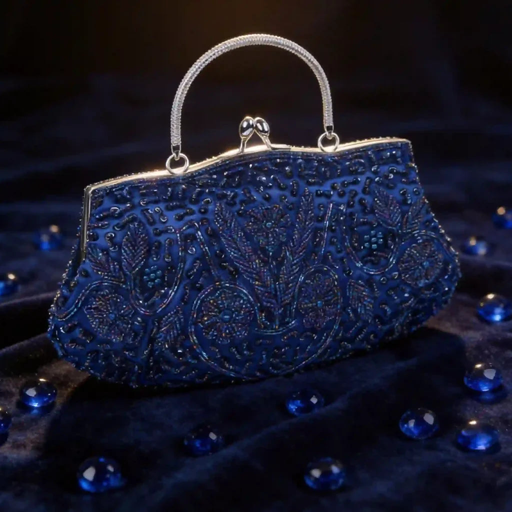 Evening Clutch Bag Handmade Beaded Floral Party Purse with Kiss Lock & Strap Glass Beads Polyester Blue Purple Grey