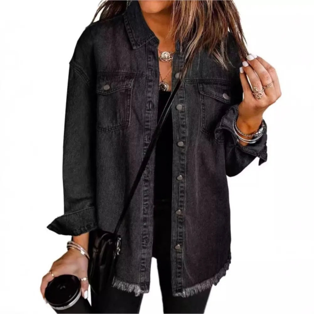 Autumn Winter New Women's Outerwear Denim Shirt Jacket Washed Finish Distressed Hem Single Row Buttons Pockets Street Fashion