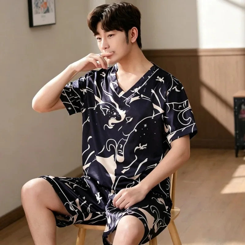 Men Summer New Fashion Print Pajamas Set Plus Size V-Neck Short Sleeve Shorts Men's Sleepwear