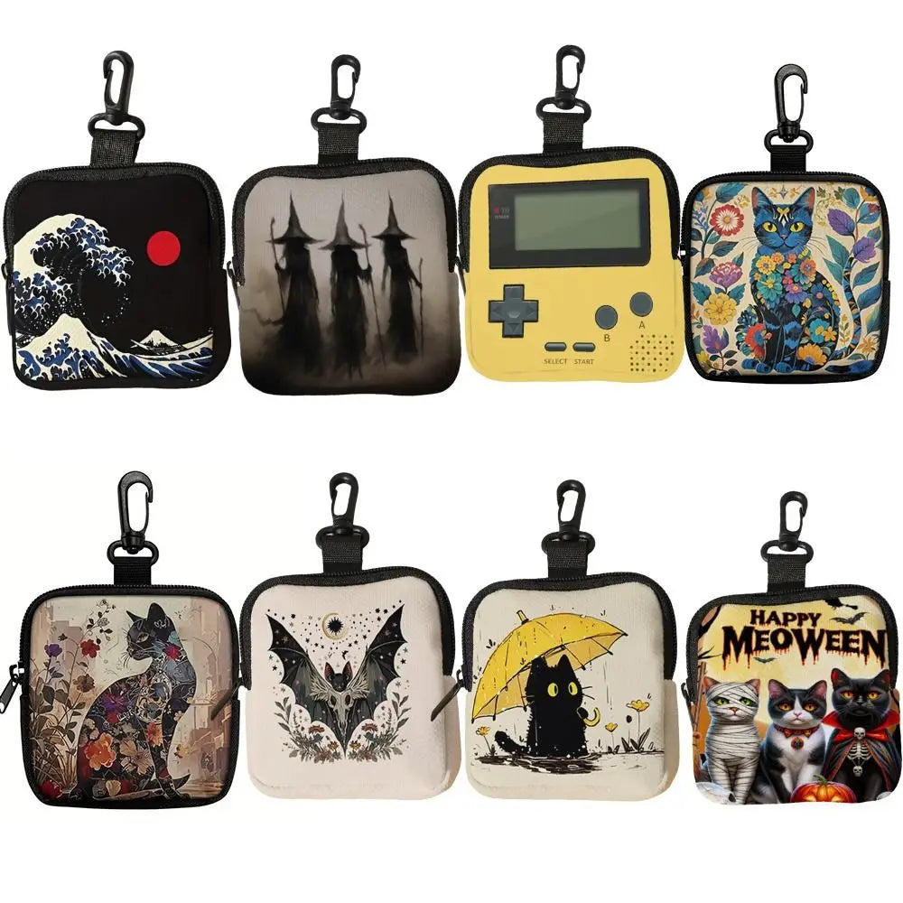Durable Mini Coin Purse Artificial Leather Cat Print Wallet Waterproof Portable Earphone Bag Friends Gift