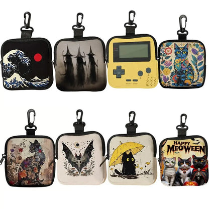 Durable Mini Coin Purse Artificial Leather Cat Print Wallet Waterproof Portable Earphone Bag Friends Gift