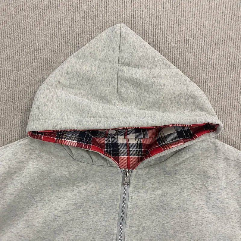 Autumn new hoodie with plaid lining and zipper cardigan, double-sided hoodie, street original style jacket for men