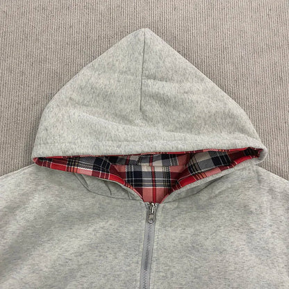 Autumn new hoodie with plaid lining and zipper cardigan, double-sided hoodie, street original style jacket for men