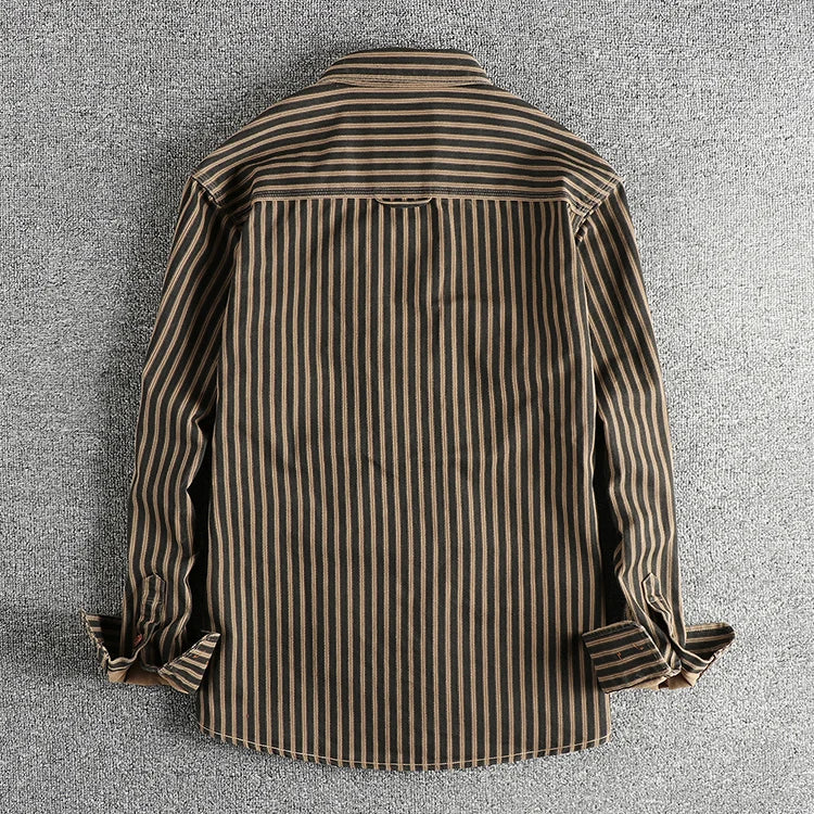2025 Autumn and Winter New American Retro Stripe Long-Sleeve Lapel Shirt Men's Simple Fashion Washed Multi-Pocket